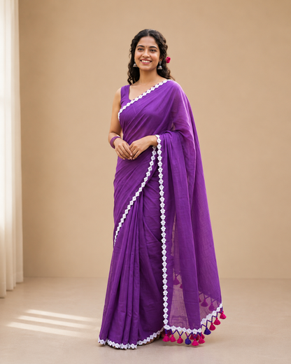 JHILMIL Royal Purple Mul Cotton Saree with Floral Lace Border