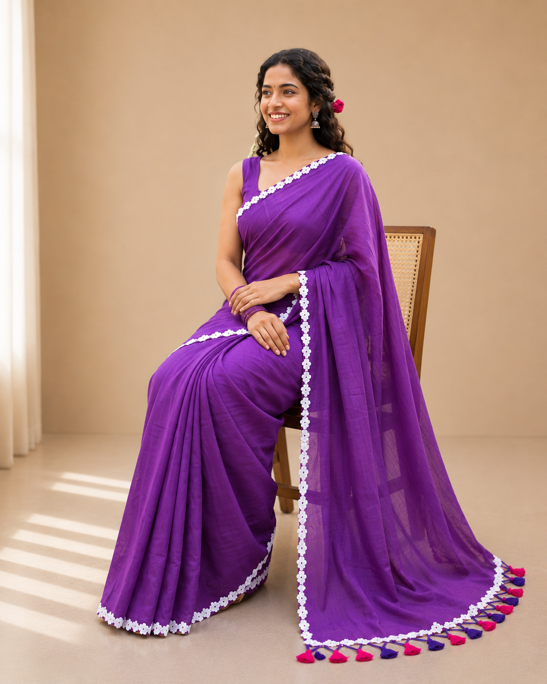 jhilmil royal purple mul cotton saree with floral lace border