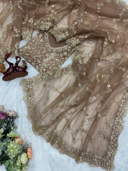 Golden Aura Sequins Embroidered Net Saree with Designer Blouse