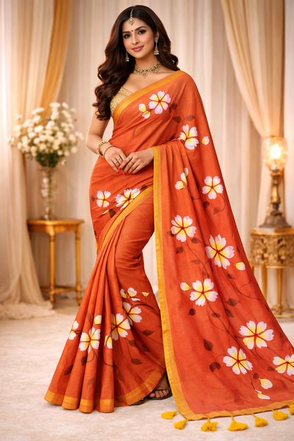 Sunset Bloom Premium Mull Cotton Handprint Saree