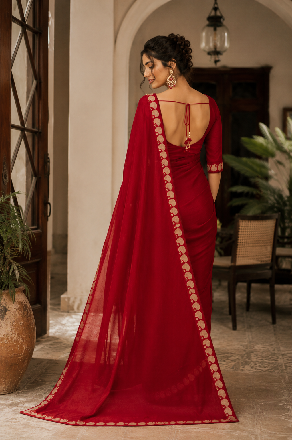 Ruhani Red Viscose Georgette Saree Set - Yooneck
