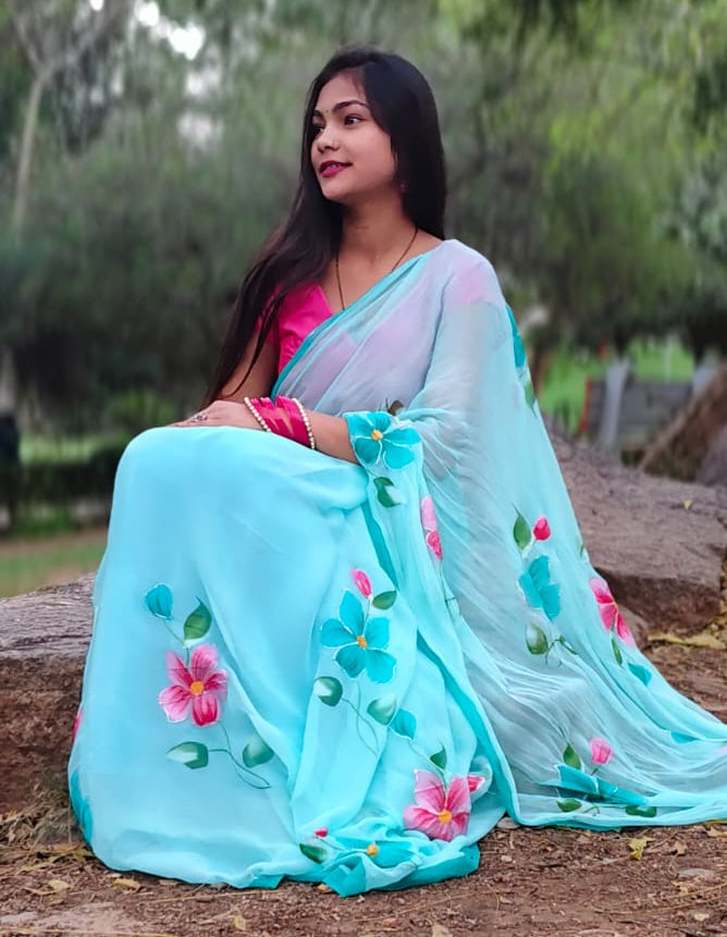 neelpushpa handpainted chiffon saree