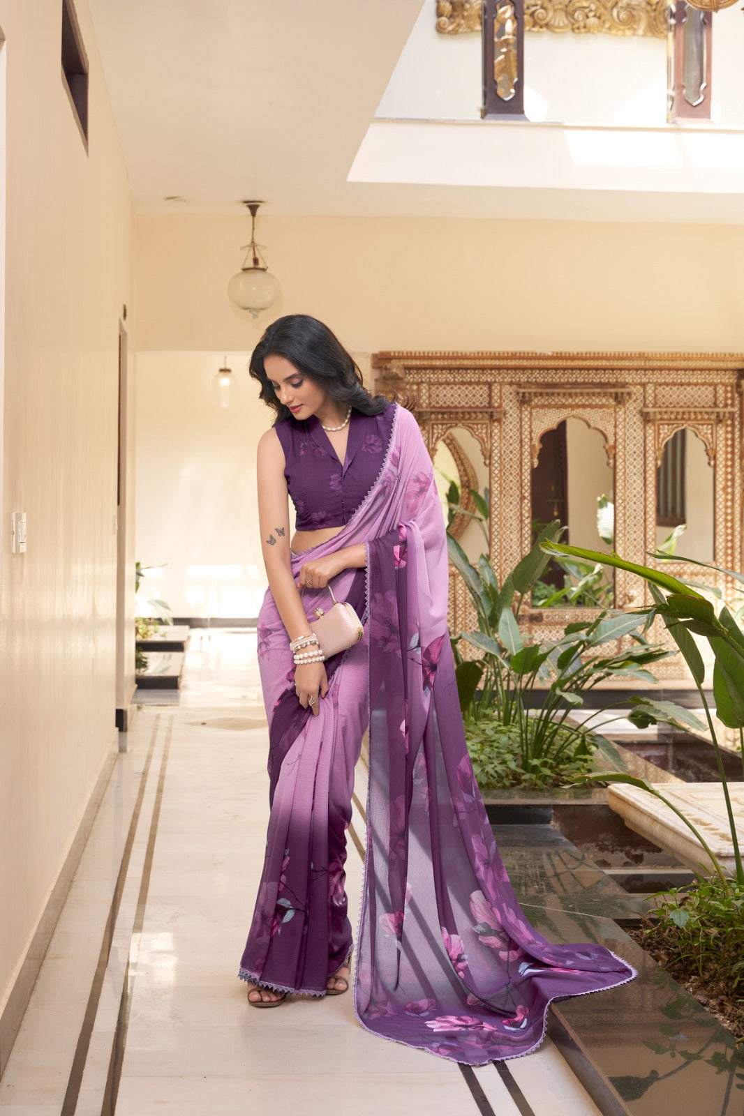 lavender mist floral soft georgette saree
