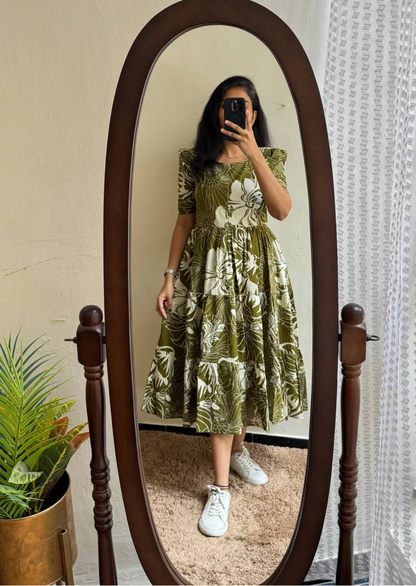 Olive Botanical Soft Cotton Midi Dress