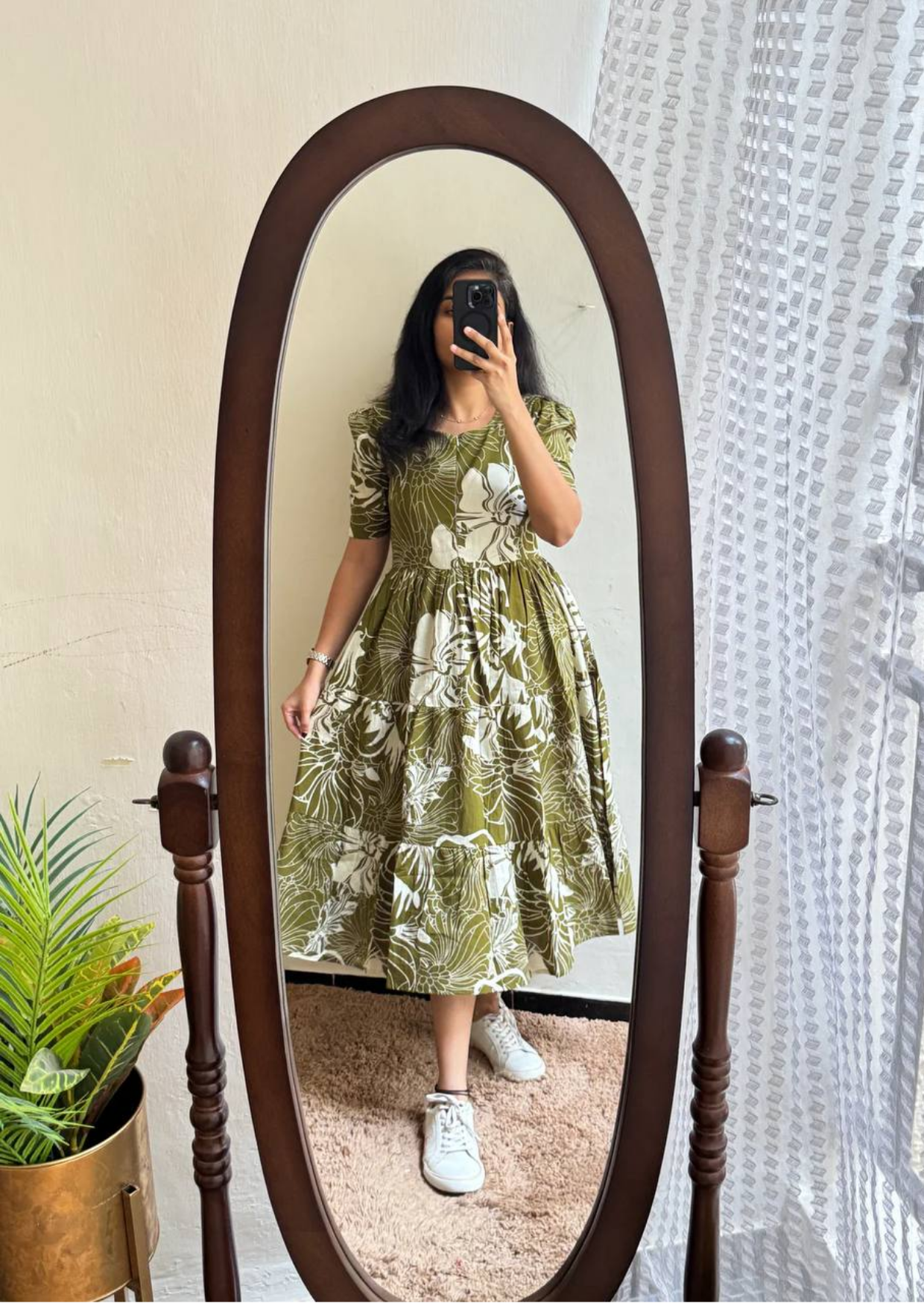 olive botanical soft cotton midi dress
