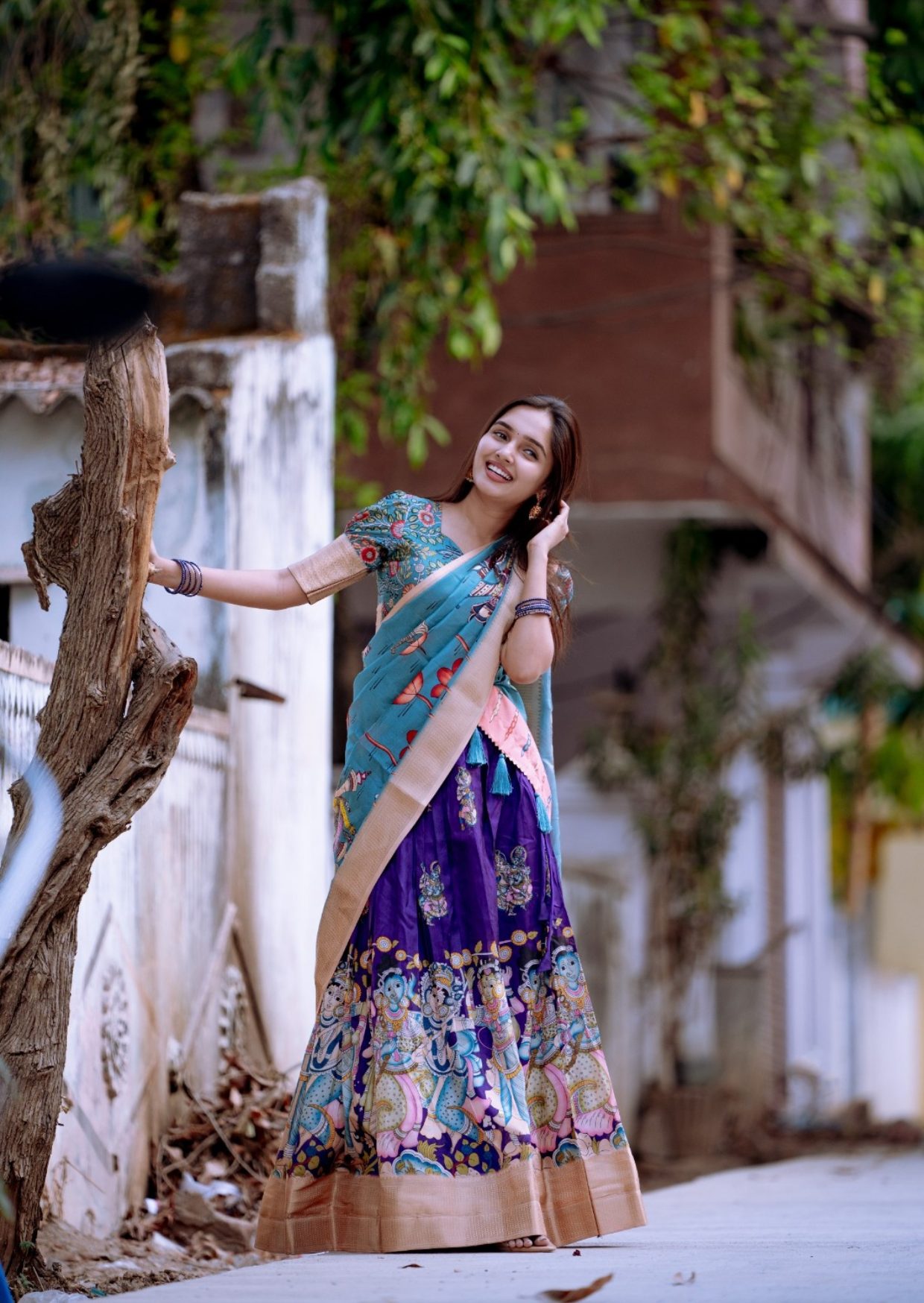 royal kalamkari dola silk lehenga set with zari weaving