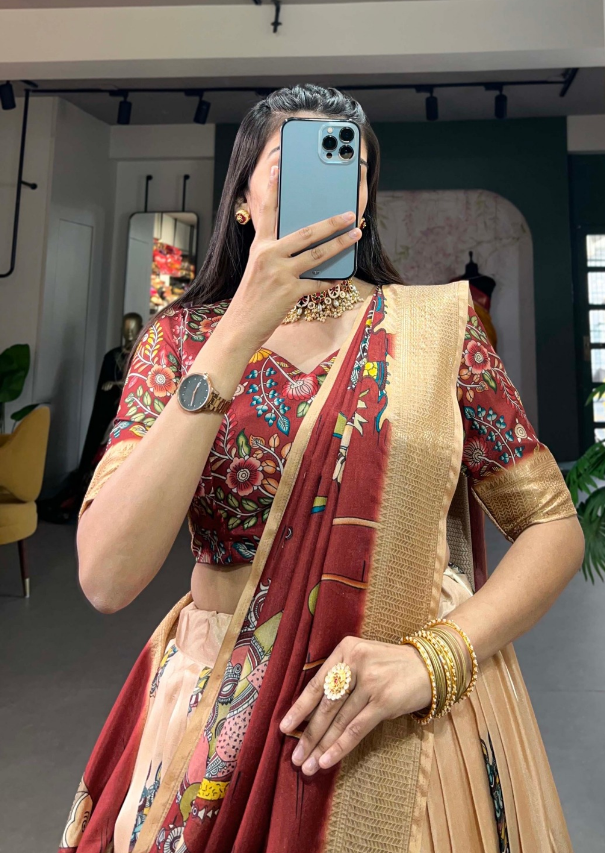 beige kalamkari dola silk lehenga set with zari weaving