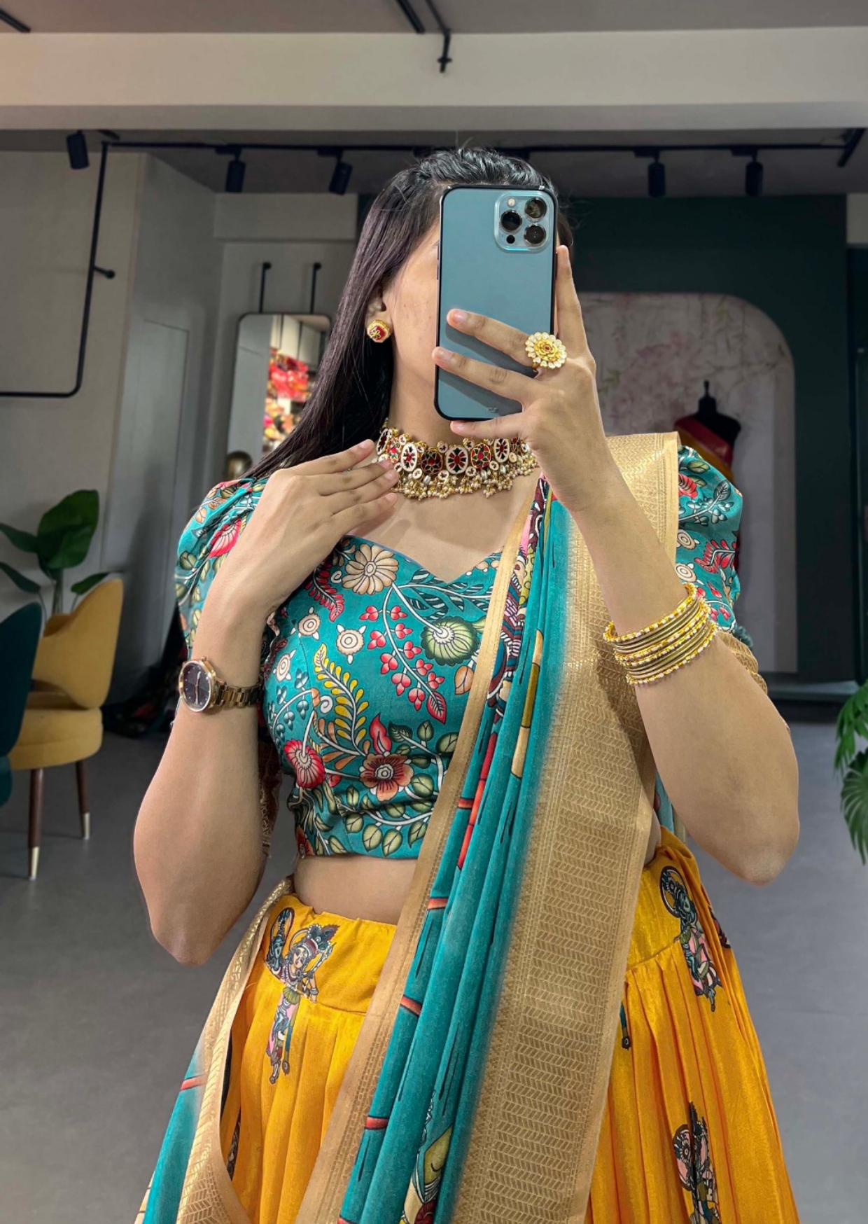 sunshine kalamkari dola silk lehenga set with zari weaving