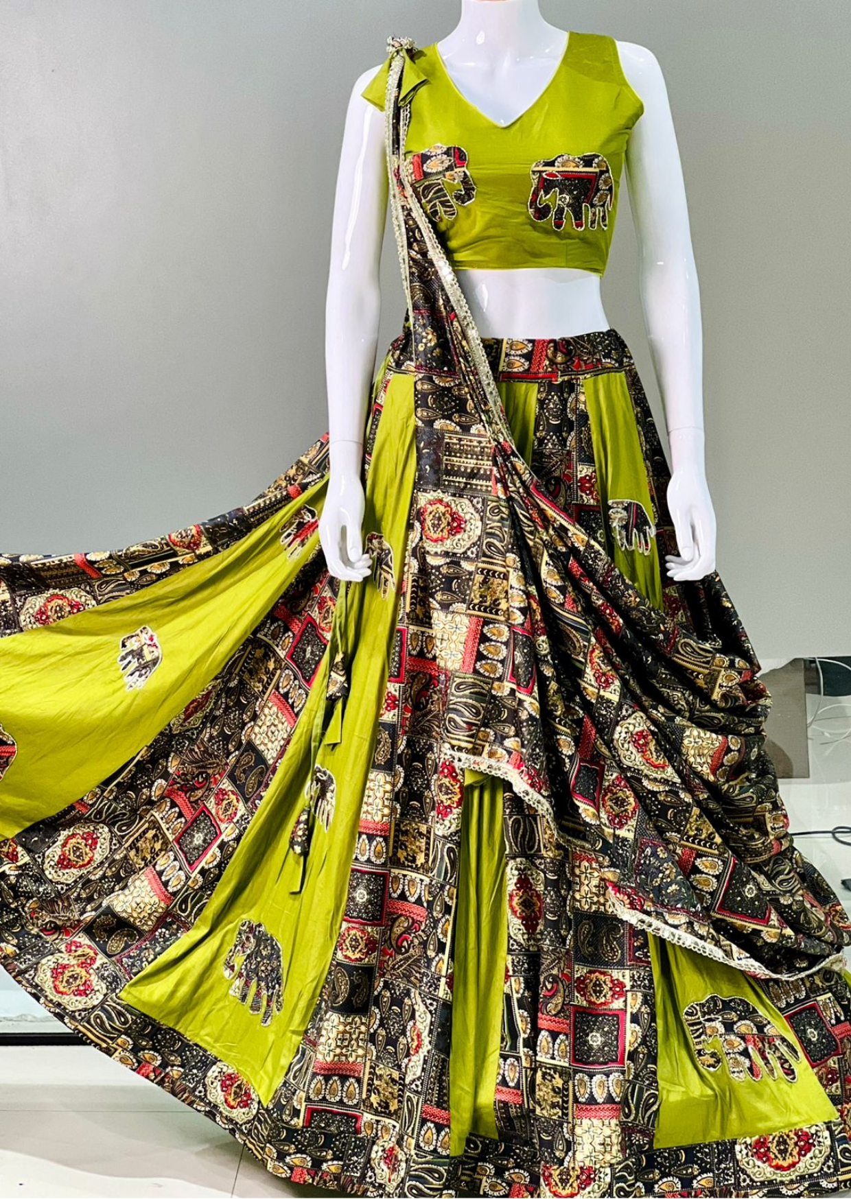 regal antique print pure reyon lehenga set with applique work