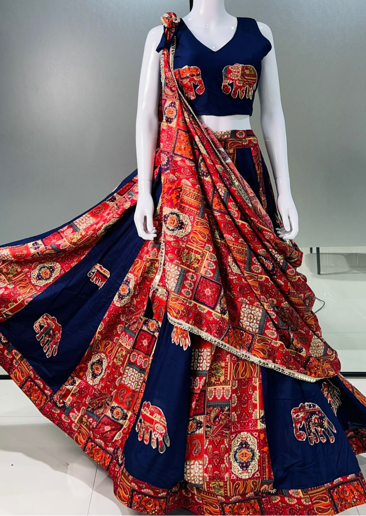deep blue elephant applique pure reyon lehenga set
