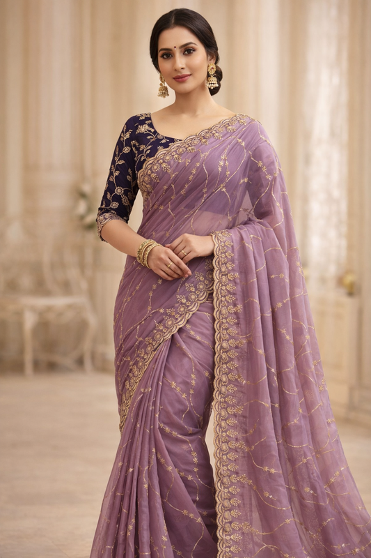 Mauve Majesty Georgette Embroidered Saree