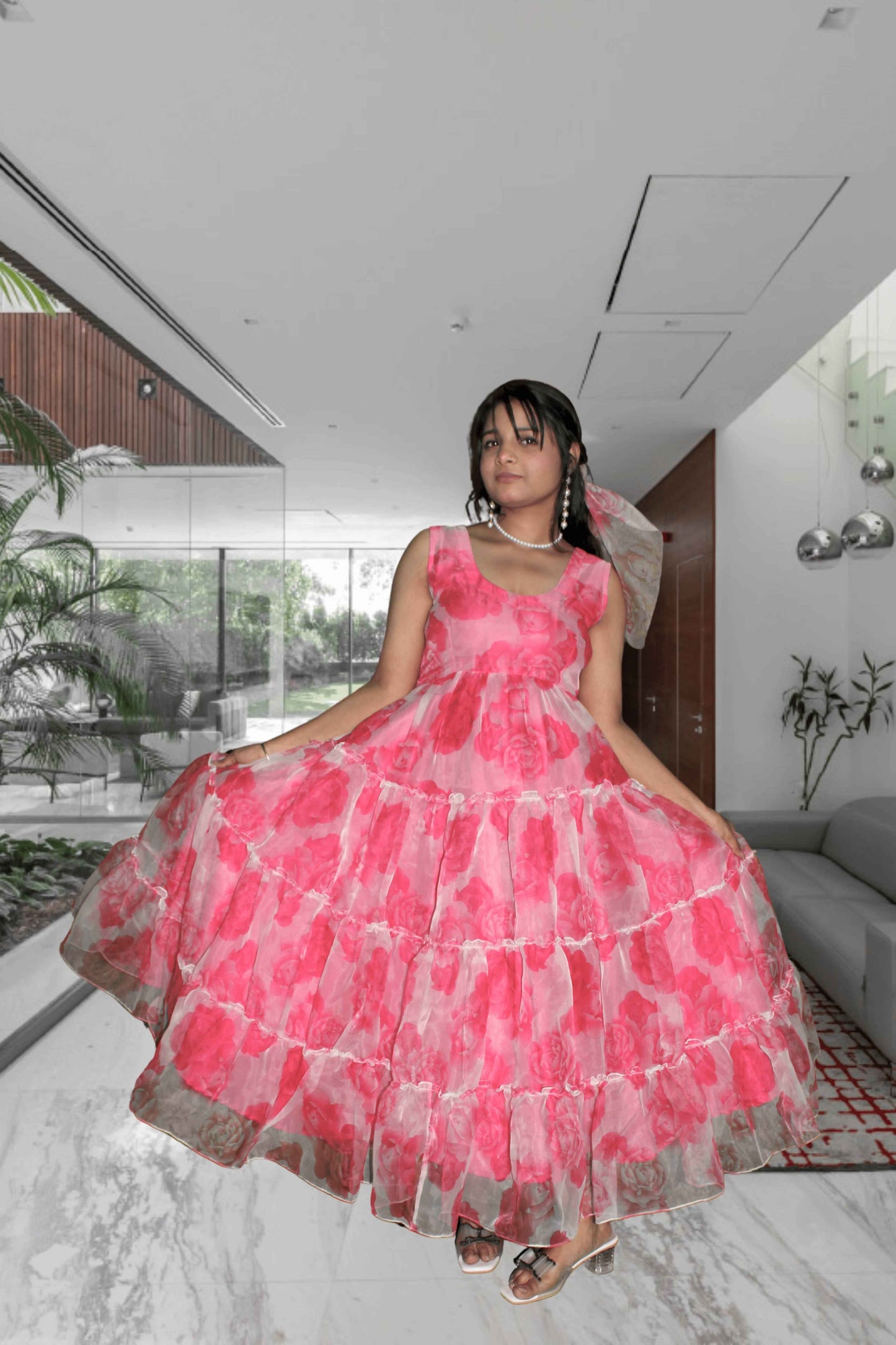 rosy glow organza flair dress