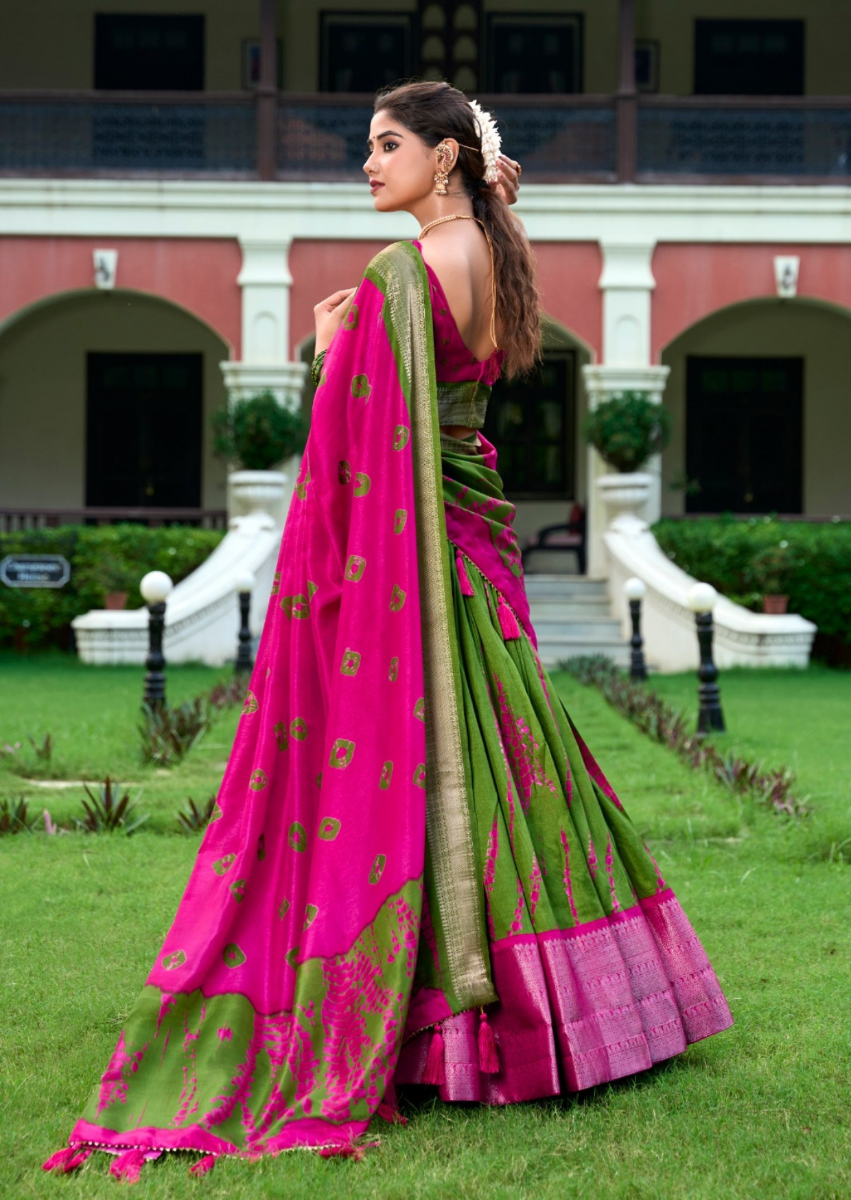 parijat hara gulabi shibori zari dola silk lehenga set