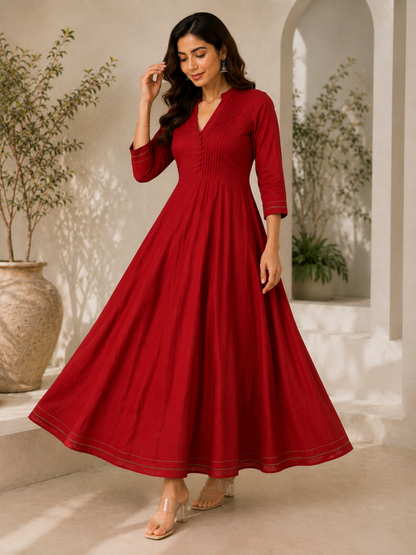 Ruby Red Flared Anarkali Dress for Women