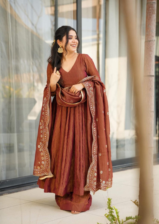 Mridula Tamra Chinon Kurti Suit Set