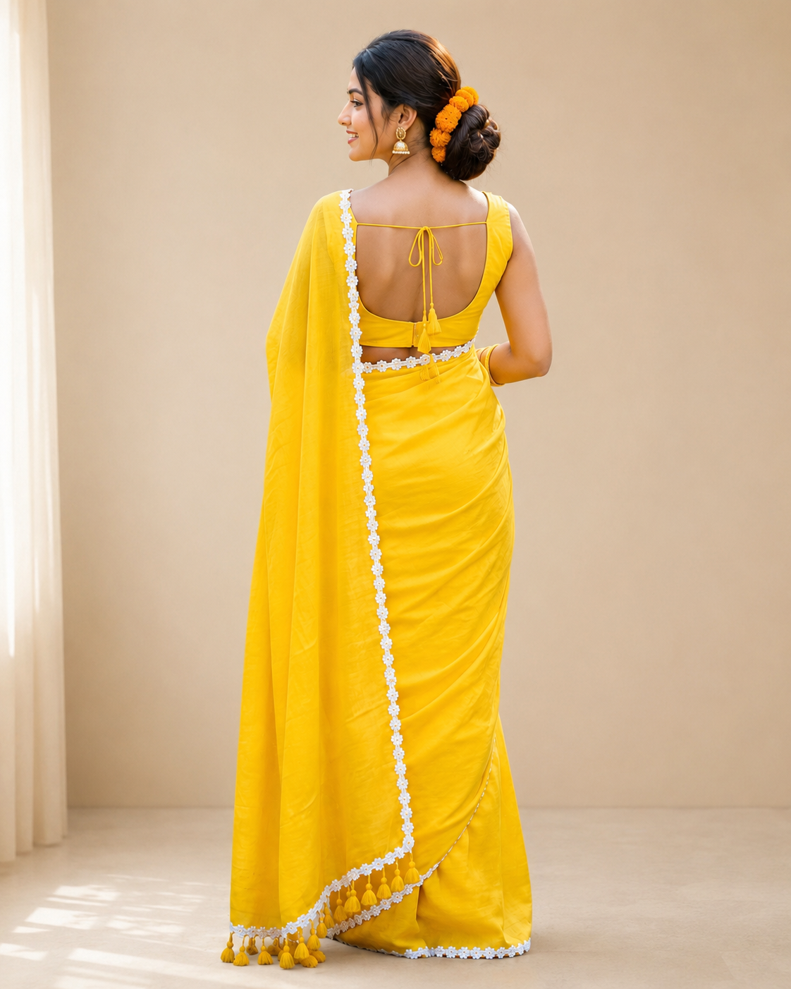 sasural genda phool yellow mul cotton saree with delicate lace border