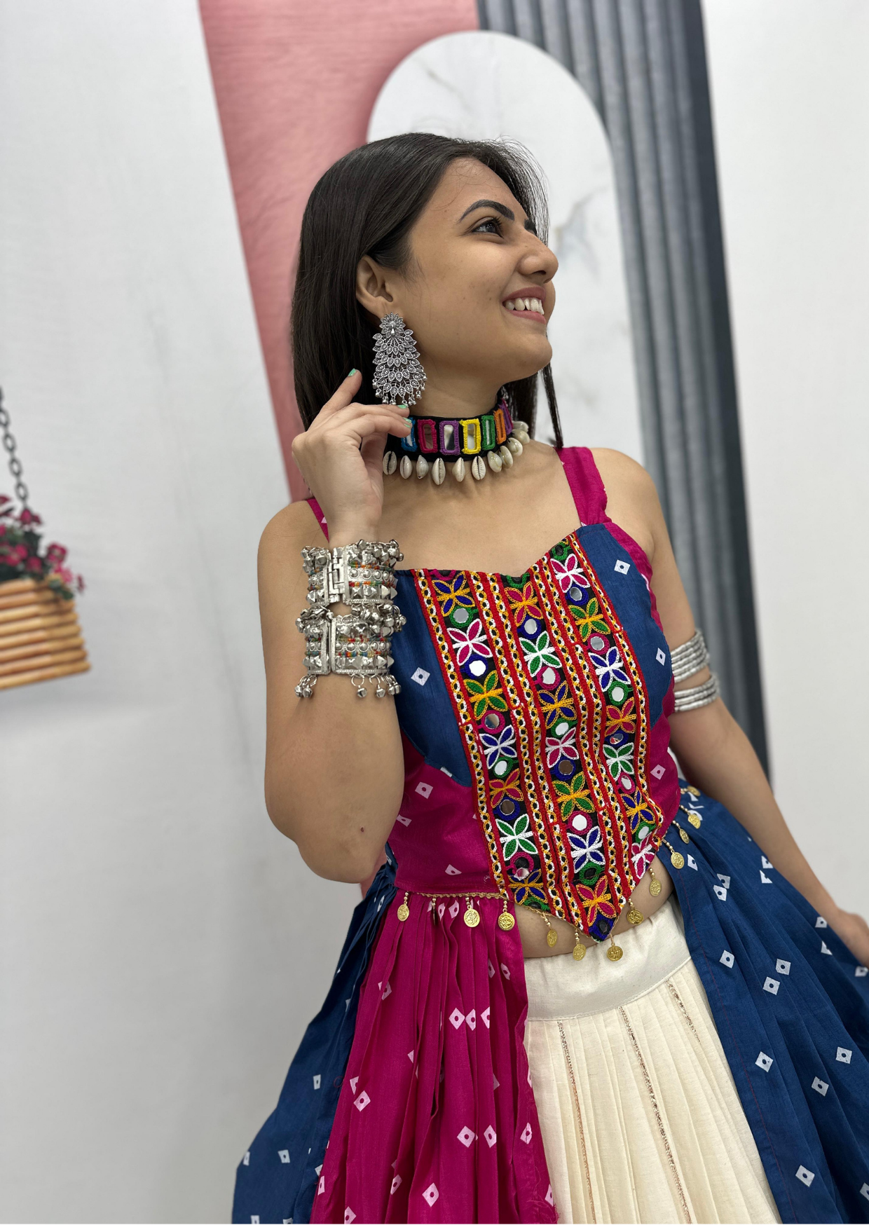 rangtaal bandhej gamathi mirror work khadi cotton garba dress