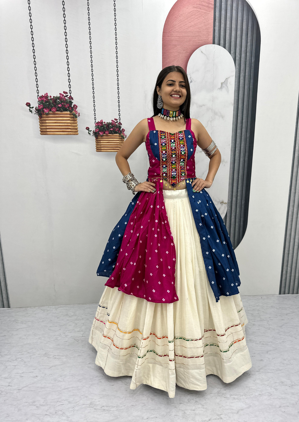 rangtaal bandhej gamathi mirror work khadi cotton garba dress