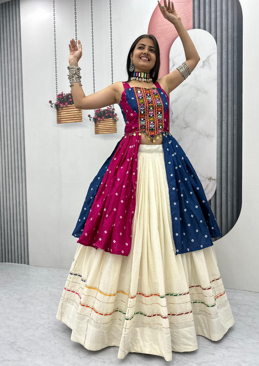 Rangtaal Bandhej Gamathi Mirror Work Khadi Cotton Garba Dress