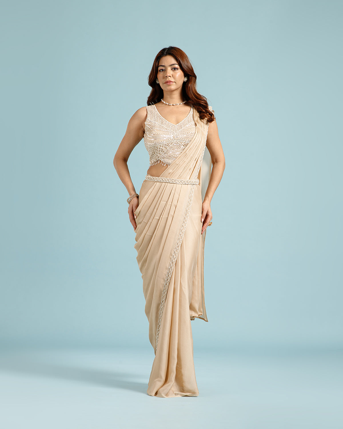 beige georgette drape saree with hand work