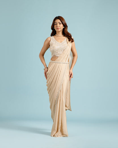 Beige Georgette Drape Saree with Hand Work