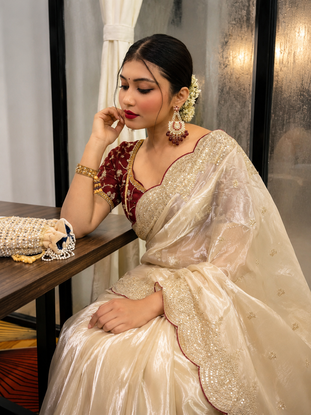 zareen soft space silk embroidered saree set - yooneck