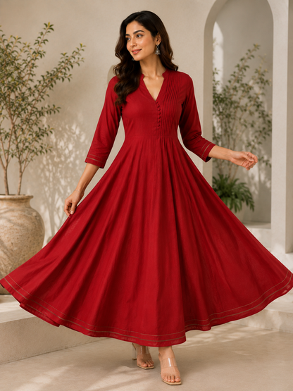 Ruby Red Flared Anarkali Dress for Women