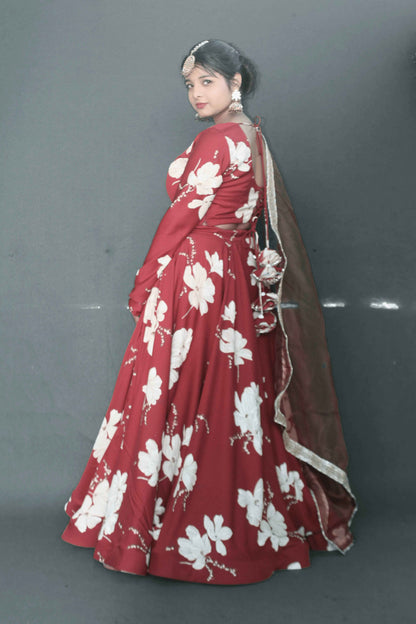 Scarlet Bloom Satin Lehenga Set