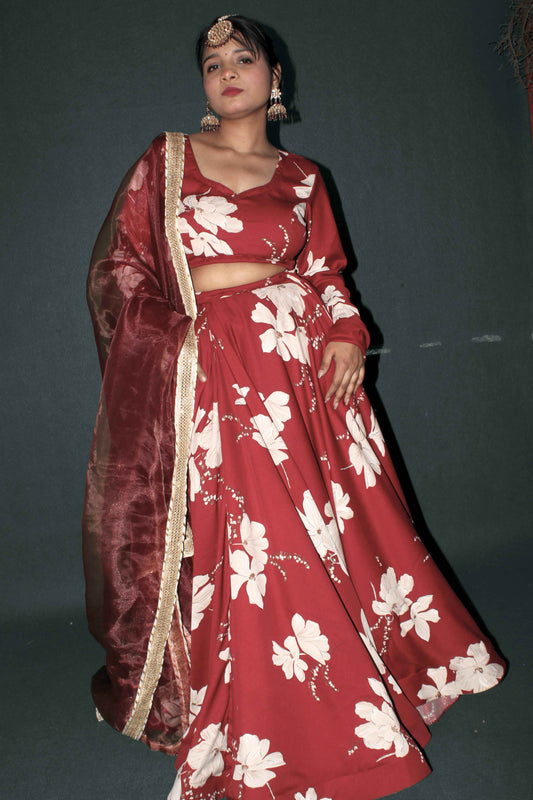 Scarlet Bloom Satin Lehenga Set