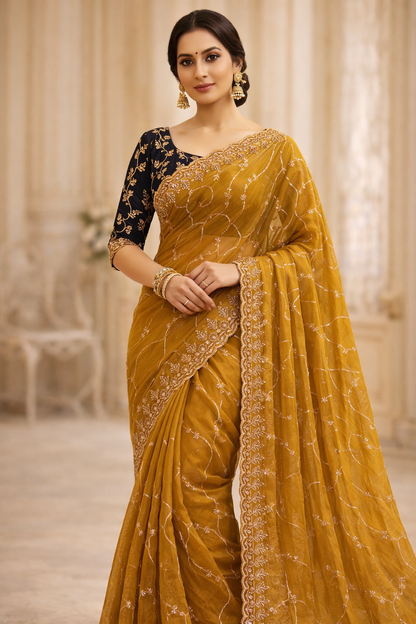 Mustard Regal Georgette Embroidered Saree