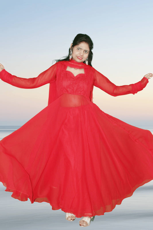 Khanak Red Georgette Anarkali Suit Set - Yooneck
