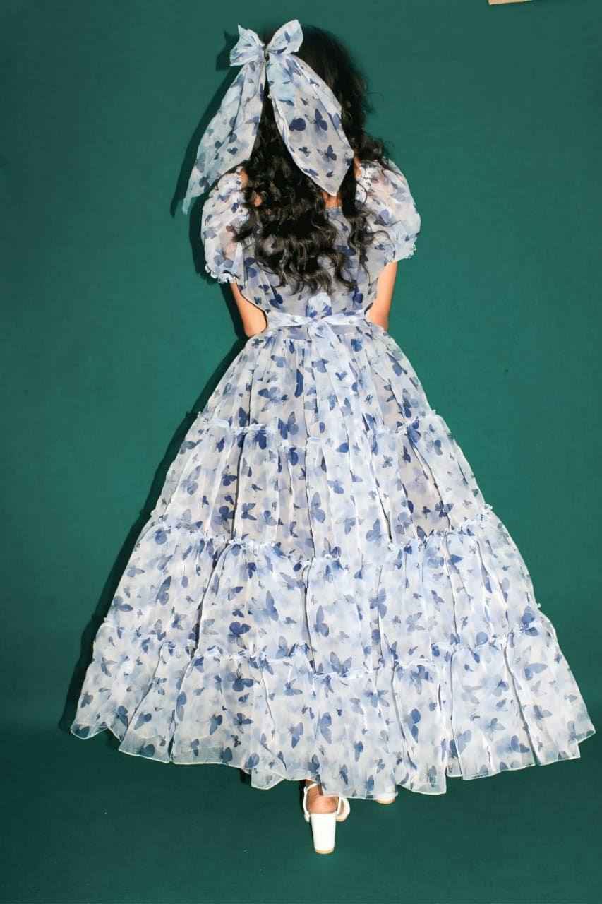 blue butterfly tiered dress