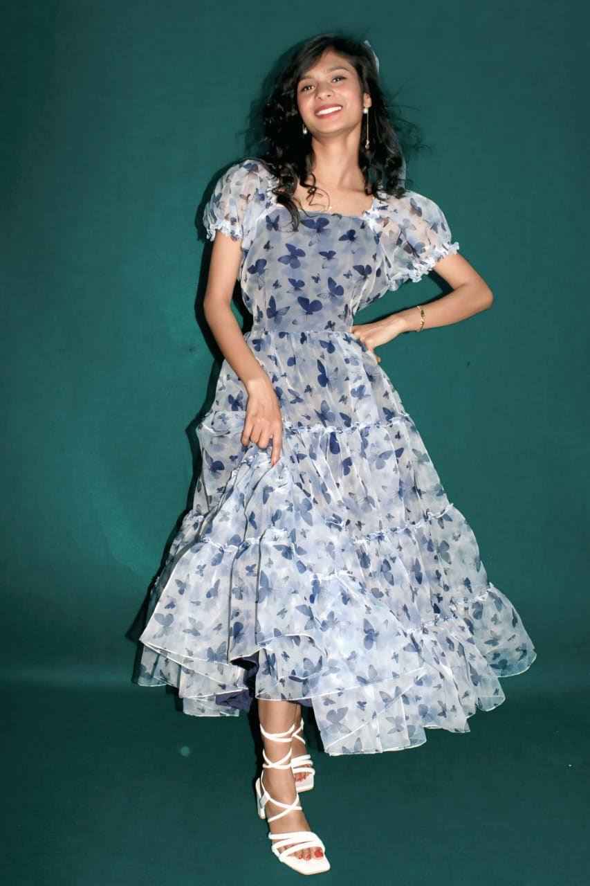 blue butterfly tiered dress