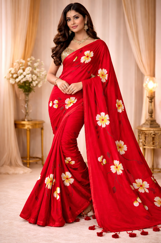 Scarlet Blossom Premium Mull Cotton Handprint Saree