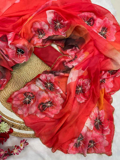 Red Chilli Floral Digital Print Royal Georgette Saree - Yooneck