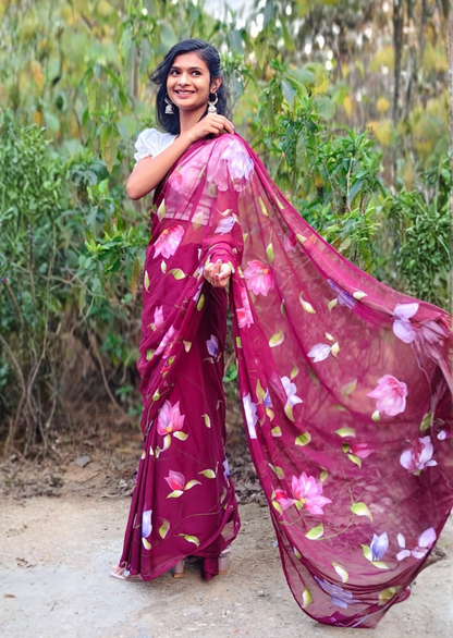 Rose Petal Pure Chiffon Handpainted Saree