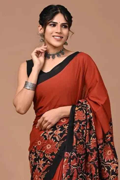 Rust Noir Mulmul Cotton Saree with Floral Elegance