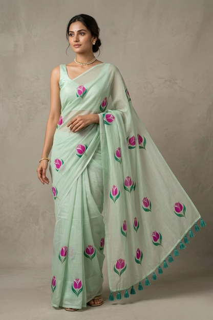 Gulbahar Handpainted Mulmul Cotton Saree