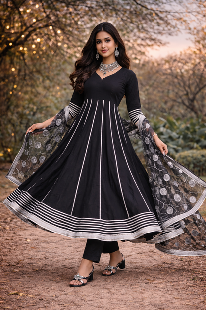 Noir Grace Pure Cotton Anarkali Set with Gotta Work Organza Dupatta