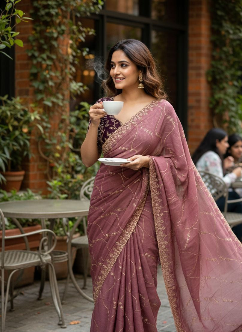 crimson royale georgette multi embroidery saree