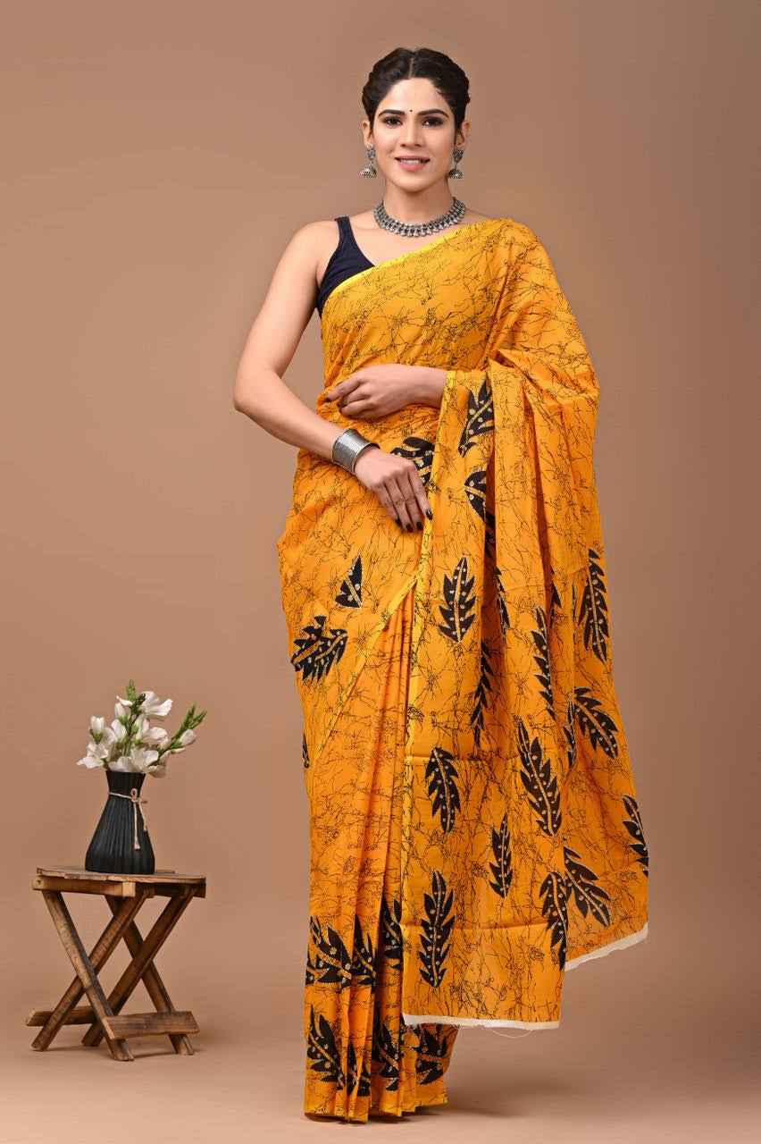 basanti baag mustard mulmul cotton saree with leaf block prints