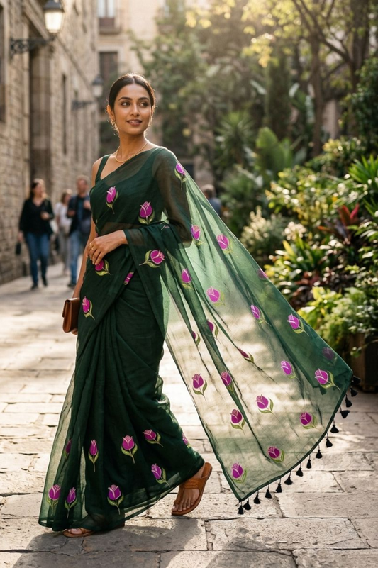 Gulrang Noir Handpainted Mulmul Cotton Saree