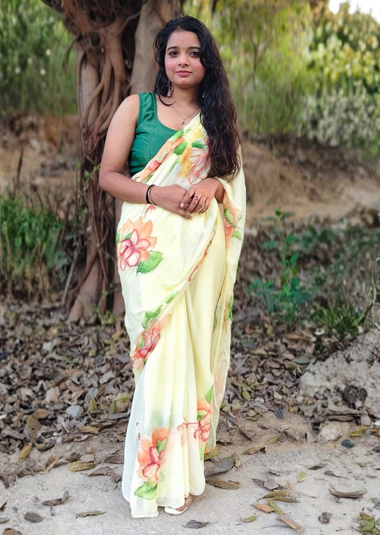 Buttercream Bloom Pure Chiffon Handpainted Saree