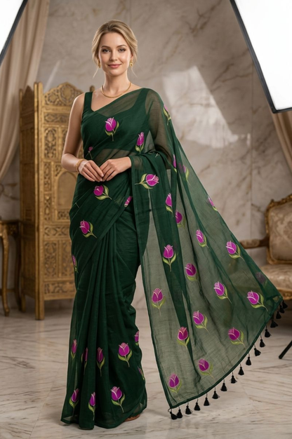 Gulrang Noir Handpainted Mulmul Cotton Saree