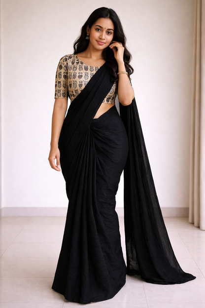 Mrinalika Noir Soft Crush Chiffon Saree with Designer Blouse