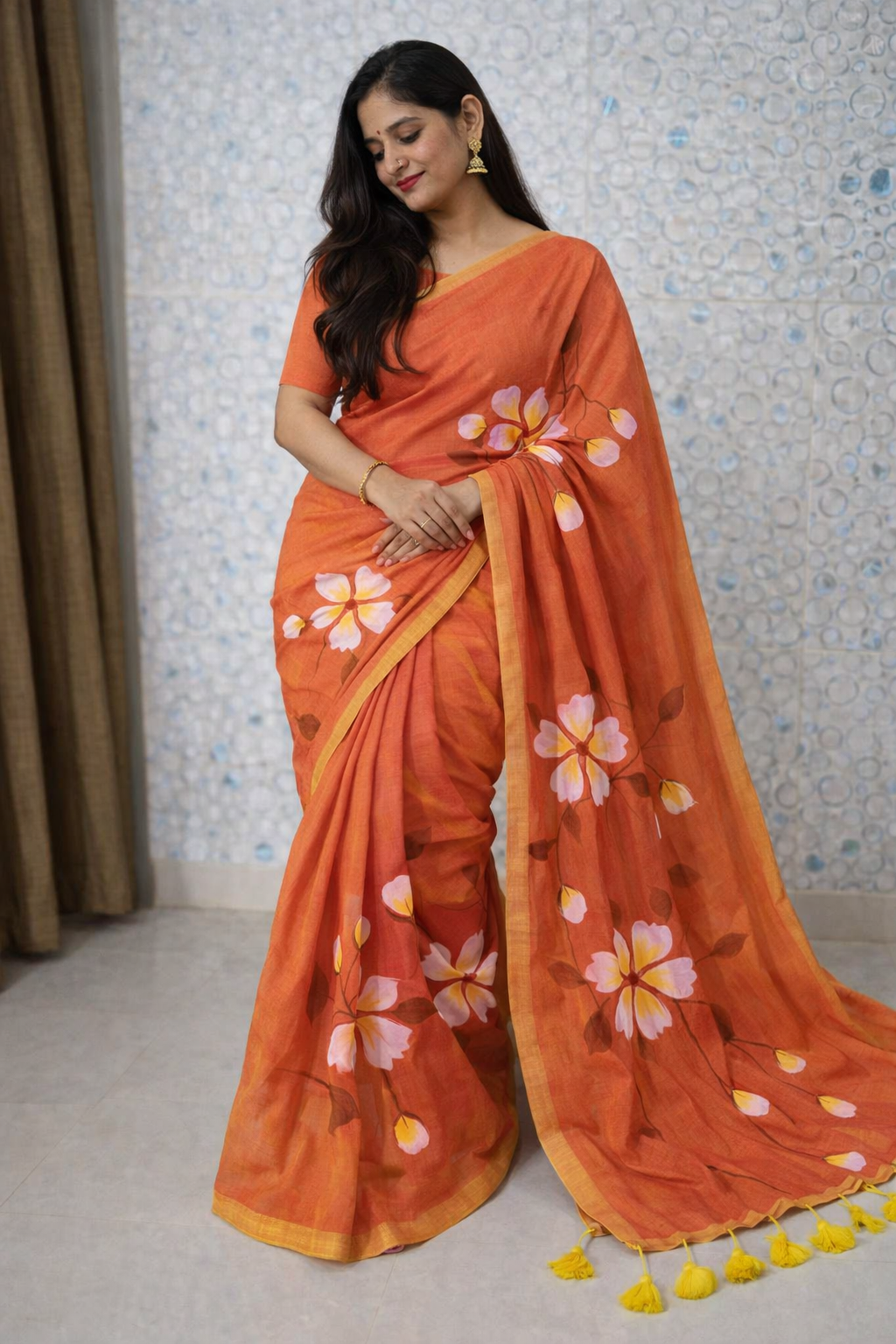 sunset bloom premium mull cotton handprint saree