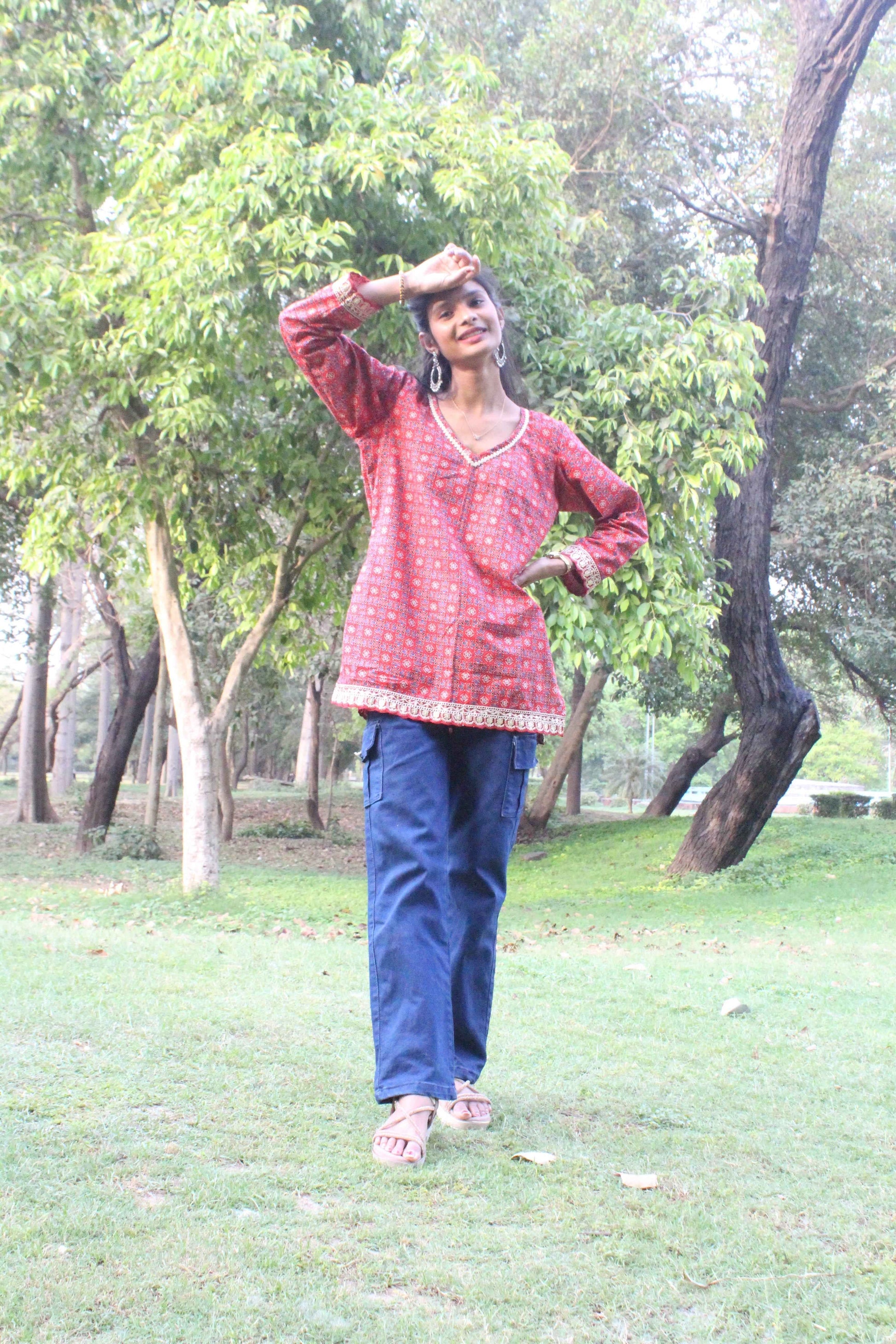 Rust Red Ajrak Elegance Kurti