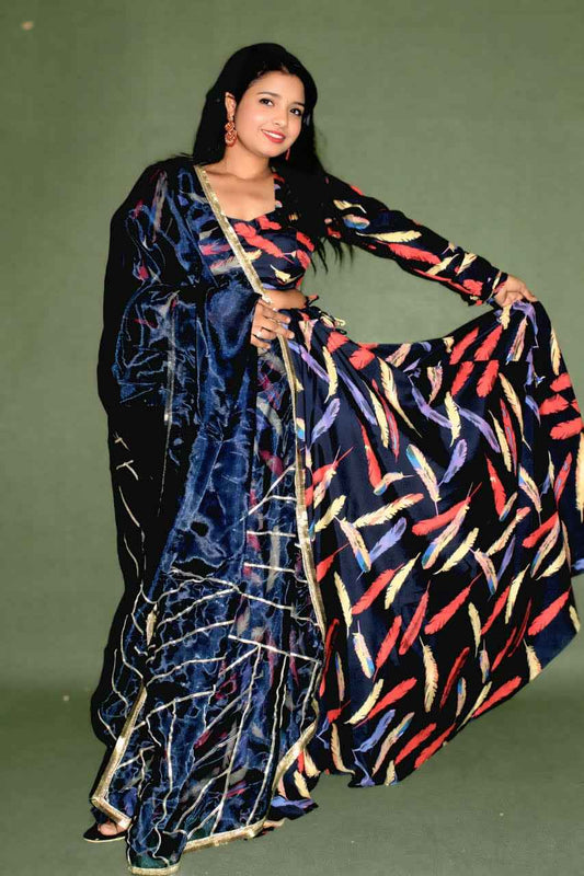 Midnight Feather Cape Lehenga Set