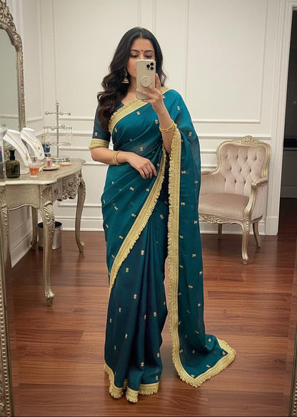 Midnight Teal Space Satin Sequin Embroidered Saree