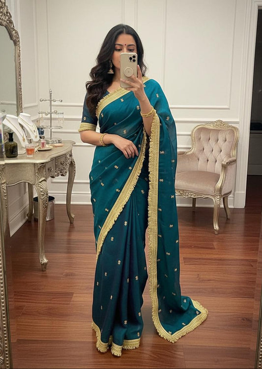 Midnight Teal Space Satin Sequin Embroidered Saree